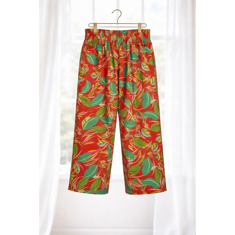 Rose Olive Wide Leg Capri Pants Vibrant Red Tropical Floral Pockets Plus Size 1x